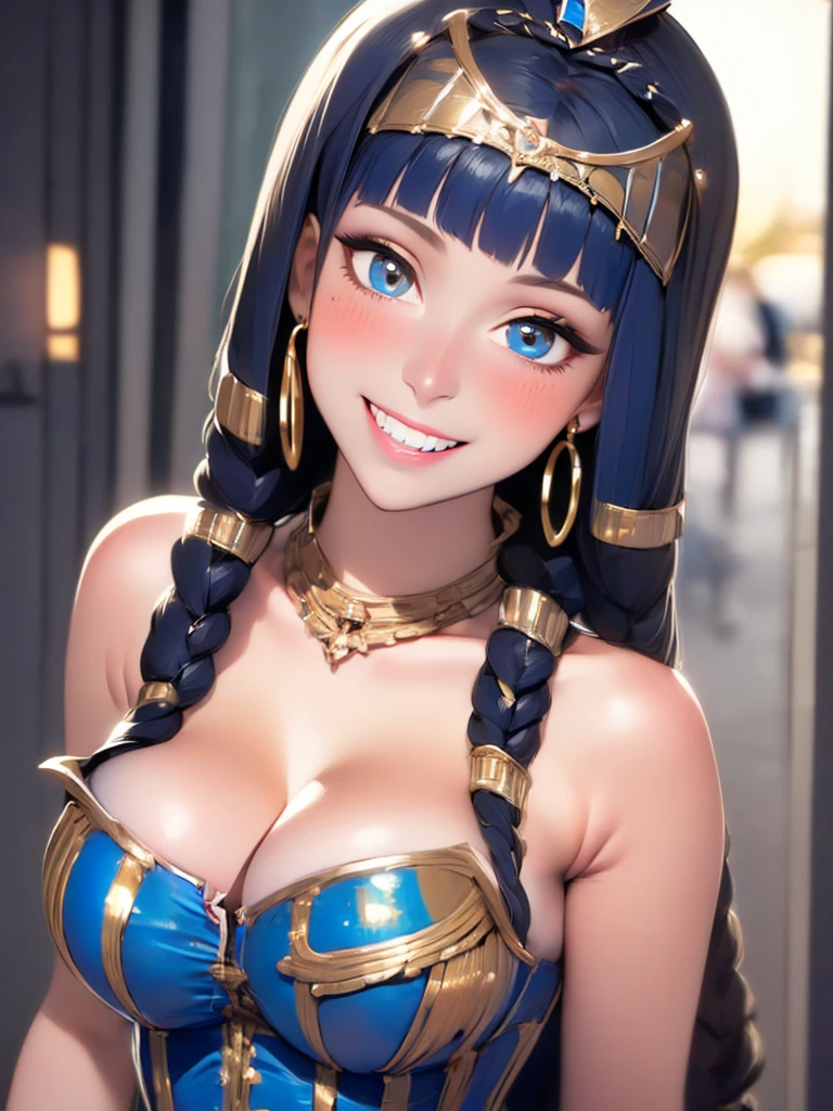 (UHD, retina, masterpiece, ccurate, anatomically correct, textured skin, super detail, high details, high quality, best quality, highres, 1080P, HD, 4K, 8k, 16k), (beautiful detailed eyes, beautiful detailed lips, extremely detailed eyes and face), studio lighting, physically-based rendering, vivid colors, (big tits, super big , super extra big , glamorous body), (thief:1.5), (portrait, blonde hair, shiny hair, shiny skin), (dusk sky, bokeh), (tilt your head to the side:1.5), eye reflection, (blush, smile, tanned skin, cleopatra:1.5),