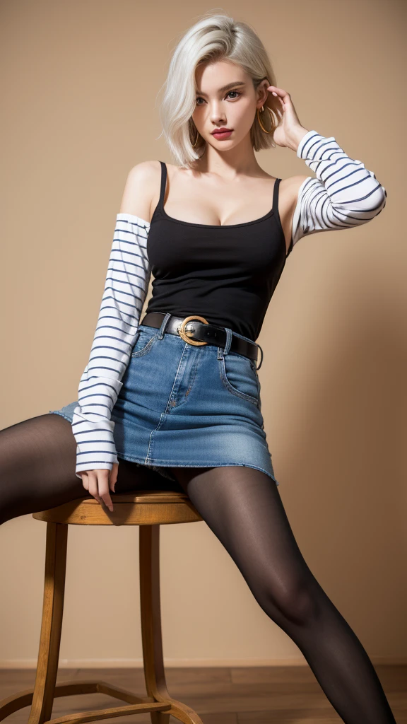 (masterpiece, best quality, beautiful and aesthetic:1.3), 1 Girl, Full body portrait,Solitary,android 18, white hair, blue eyes, eyelashes, hoop earrings, short hair, earrings, golden belt, white shirt, breast pocket, cleavage, collarbone, denim, denim skirt, high-waist skirt, jewelry, long sleeves, pocket, shirt, shirt tucked in, skirt, striped, striped sleeves, waistcoat, black legwear