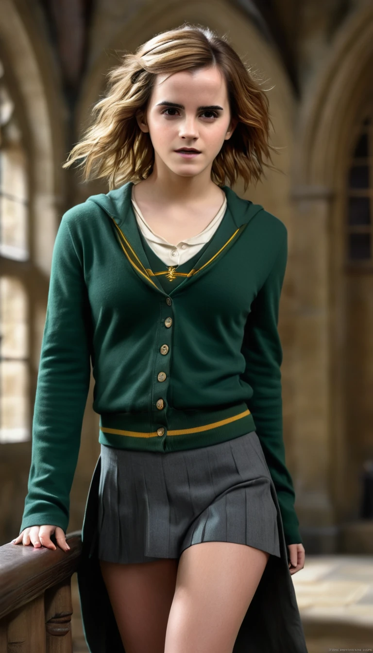 photo of beautiful Emma Watson as hermione granger (emma watson) in accurate costume, large breasts, cleavage, in hogwart slytherin dormitory, full length shot, modelshoot style, (extremely detailed CG unity 8k wallpaper), professional majestic (photography by Steve McCurry), 8k uhd, dslr, soft lighting, high quality, (film_grain:1.2), Fujifilm XT3 High Detail, dramatic, (looking at viewer:1.2), (detailed pupils:1.3), (natural light), (((full body shot:1.3))), perfect body, beautiful face, long hair, very detailed eyes, intricate details in eyes, puckered lips, perfect fit body, wide hips, small waist, thick thighs, firm abs, beautiful body, extremely detailed, intricate details, highly detailed, detailed skin, realistic skin texture, texture, detailed eyes, maximum detail, roughness, real life, ultra realistic, photorealism, photography, absurdres, RAW photo, highest quality, high detail RAW color photo, professional photo, highres, super detailed