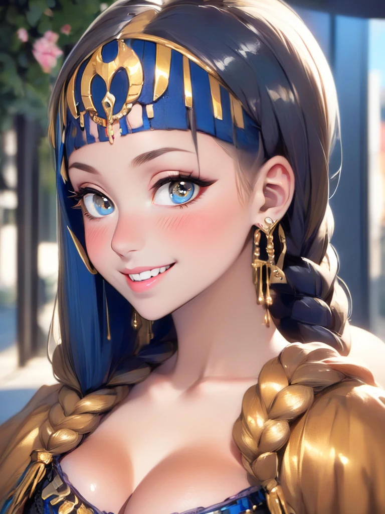 (UHD, retina, masterpiece, ccurate, anatomically correct, textured skin, super detail, high details, high quality, best quality, highres, 1080P, HD, 4K, 8k, 16k), (beautiful detailed eyes, beautiful detailed lips, extremely detailed eyes and face), studio lighting, physically-based rendering, vivid colors, (big tits, super big , super extra big , glamorous body), (thief:1.5), (portrait, blonde hair, shiny hair, shiny skin), (dusk sky, bokeh), (tilt your head to the side:1.5), eye reflection, (blush, smile, tanned skin, cleopatra:1.5),