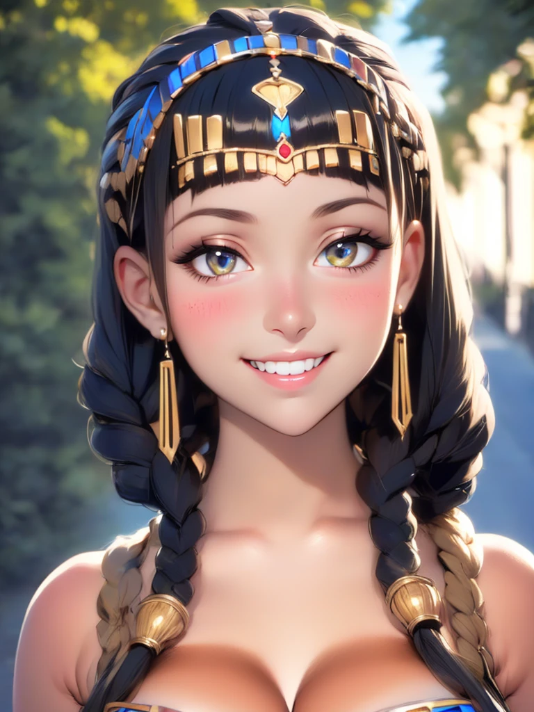 (UHD, retina, masterpiece, ccurate, anatomically correct, textured skin, super detail, high details, high quality, best quality, highres, 1080P, HD, 4K, 8k, 16k), (beautiful detailed eyes, beautiful detailed lips, extremely detailed eyes and face), studio lighting, physically-based rendering, vivid colors, (big tits, super big , super extra big , glamorous body), (thief:1.5), (portrait, blonde hair, shiny hair, shiny skin), (dusk sky, bokeh), (tilt your head to the side:1.5), eye reflection, (blush, smile, tanned skin, cleopatra:1.5),