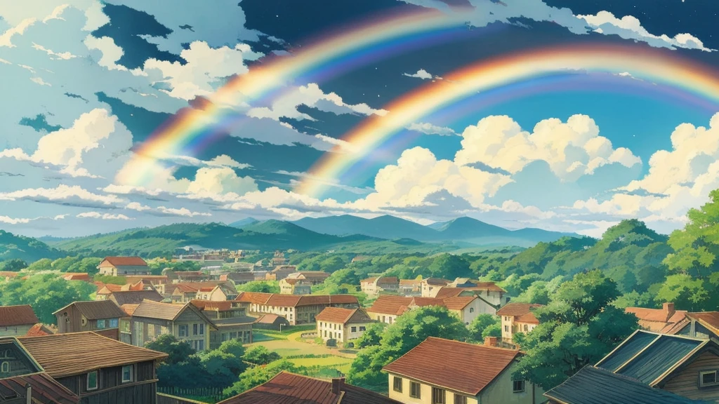 A rainbow in the sky after the rain２A rural townscape with books、Studio Ghibli、Studio Ghibli風anime、Ghibli art style、Double Rainbow、anime、Ghibli Style
