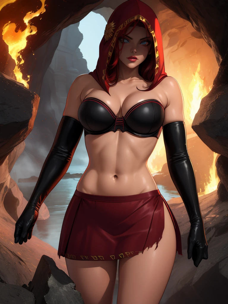 Dsorceress, redhair, shadowy face,dark cave, fire, hood, shadowed face, strapless bra, slim and athletic body, miniskirt, no panty, elbow gloves, dark skin, 1 girl (insanely detailed, masterpiece, best quality)
