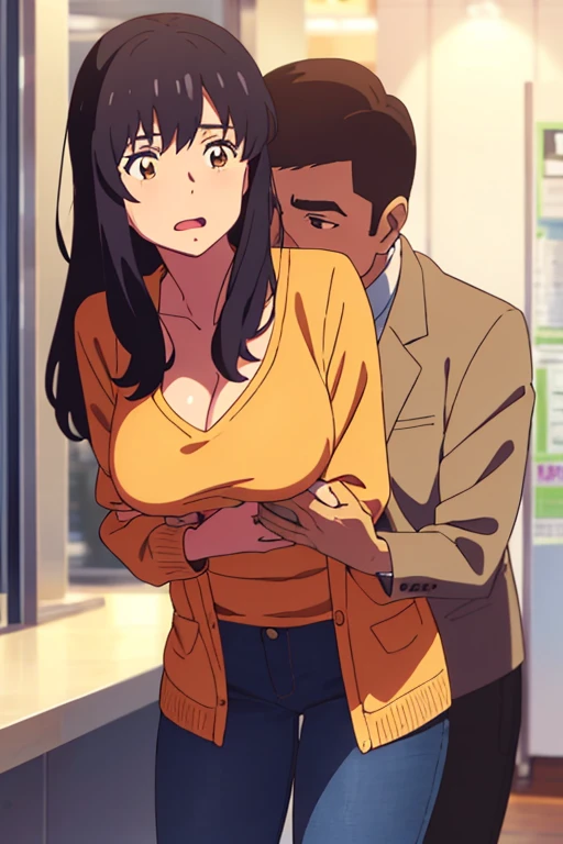 shinkai makoto, kimi no na wa., middle aged man, buzzcut, office suite, wrinkles, mustache, middle aged man touching girl breast,breastgrope from behind, passionate hug, middle aged man is hugging from behind, 1girl, bangs, black hair, brown eyes, open mouth, Twisted Half Up, red ribbon, long hair, long sleeve light yellow cardigan, open shirt, yellow shirt, cleavage, breast, medium breast, Orange shirt, orange jeans, night, indoors, mall, masterpiece, perfect anatomy, cowboyshot,