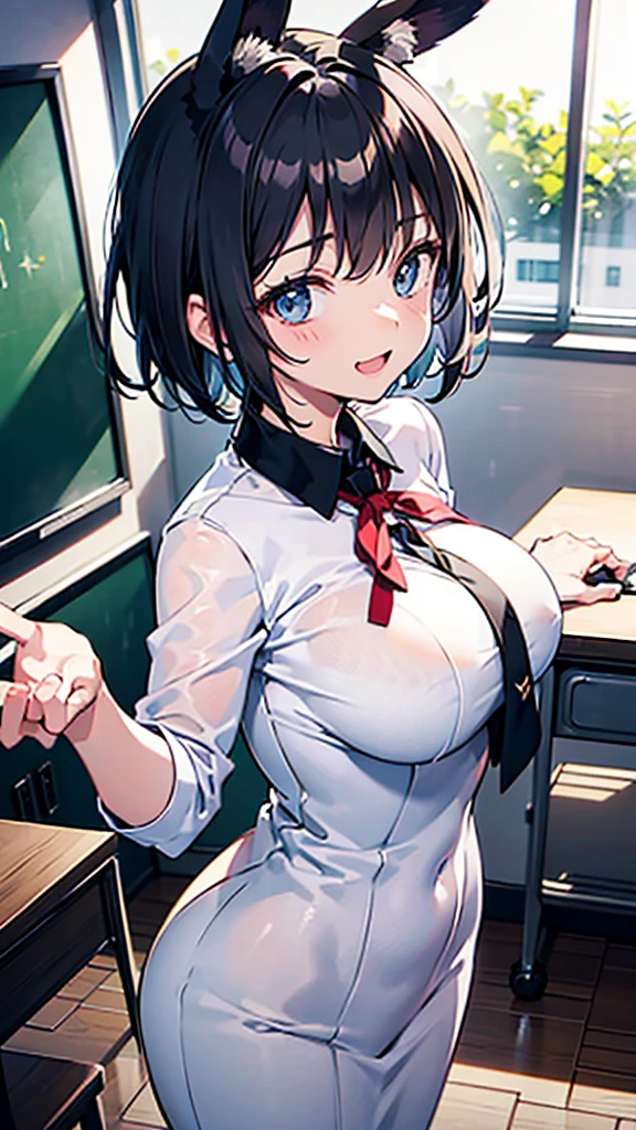 Super precise and super detailed anime illustrations,
Bend forward and support the breasts with both hands,
black short hair,big breasts girl,yo,,
black rabbit ears,
laughter,focus in bust,school room,