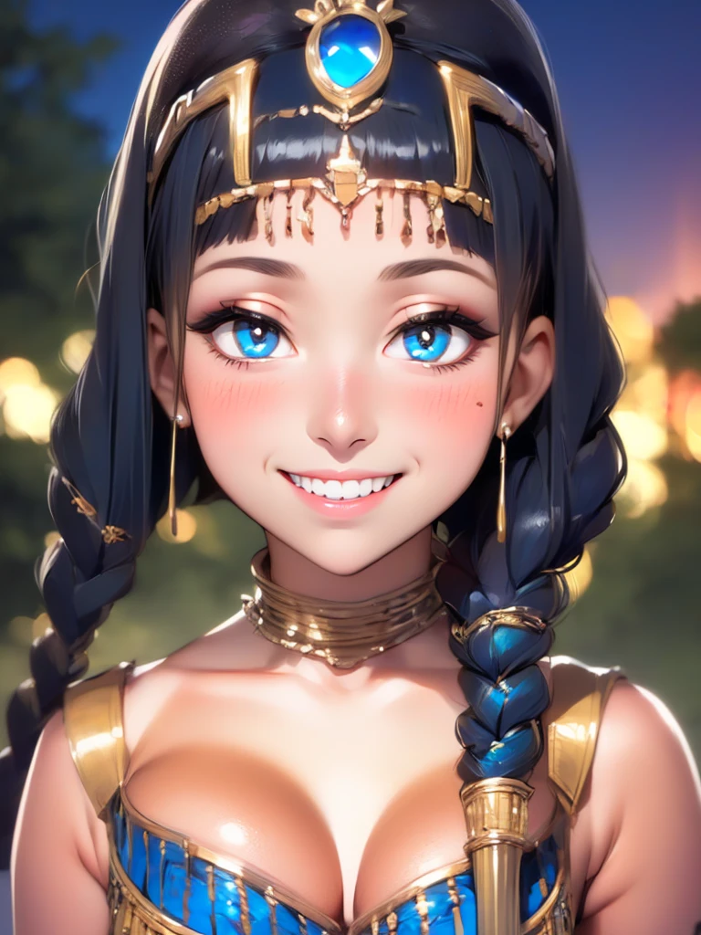 (UHD, retina, masterpiece, ccurate, anatomically correct, textured skin, super detail, high details, high quality, best quality, highres, 1080P, HD, 4K, 8k, 16k), (beautiful detailed eyes, beautiful detailed lips, extremely detailed eyes and face), studio lighting, physically-based rendering, vivid colors, (big tits, super big , super extra big , glamorous body), (thief:1.5), (portrait, blonde hair, shiny hair, shiny skin), (dusk sky, bokeh), (tilt your head to the side:1.5), eye reflection, (blush, smile, tanned skin, cleopatra:1.5),