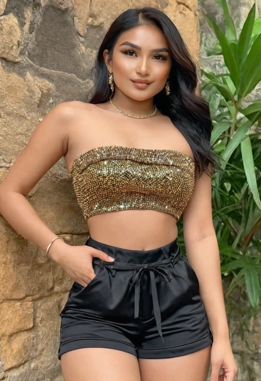 (((high quality:1.2))), work of art, (8k), extremely detailed, ((High detail:1.2)), ((best resolution:1.4)), (HotLexi woman), Solo, Nepali female, (strapless crop top, mini-shorts),