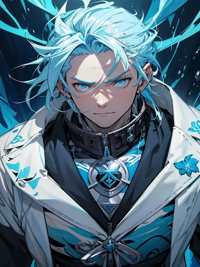a close-up of a person with blue hair and a white jacket, tall anime guy with blue eyes, handsome guy in demon slayer art, Anime main art, male anime character, anime character detailed art, keqing do impacto genshin, dos arknights, trends on artstation pixiv, best 4k konachan anime wallpaper, nagito komaeda
