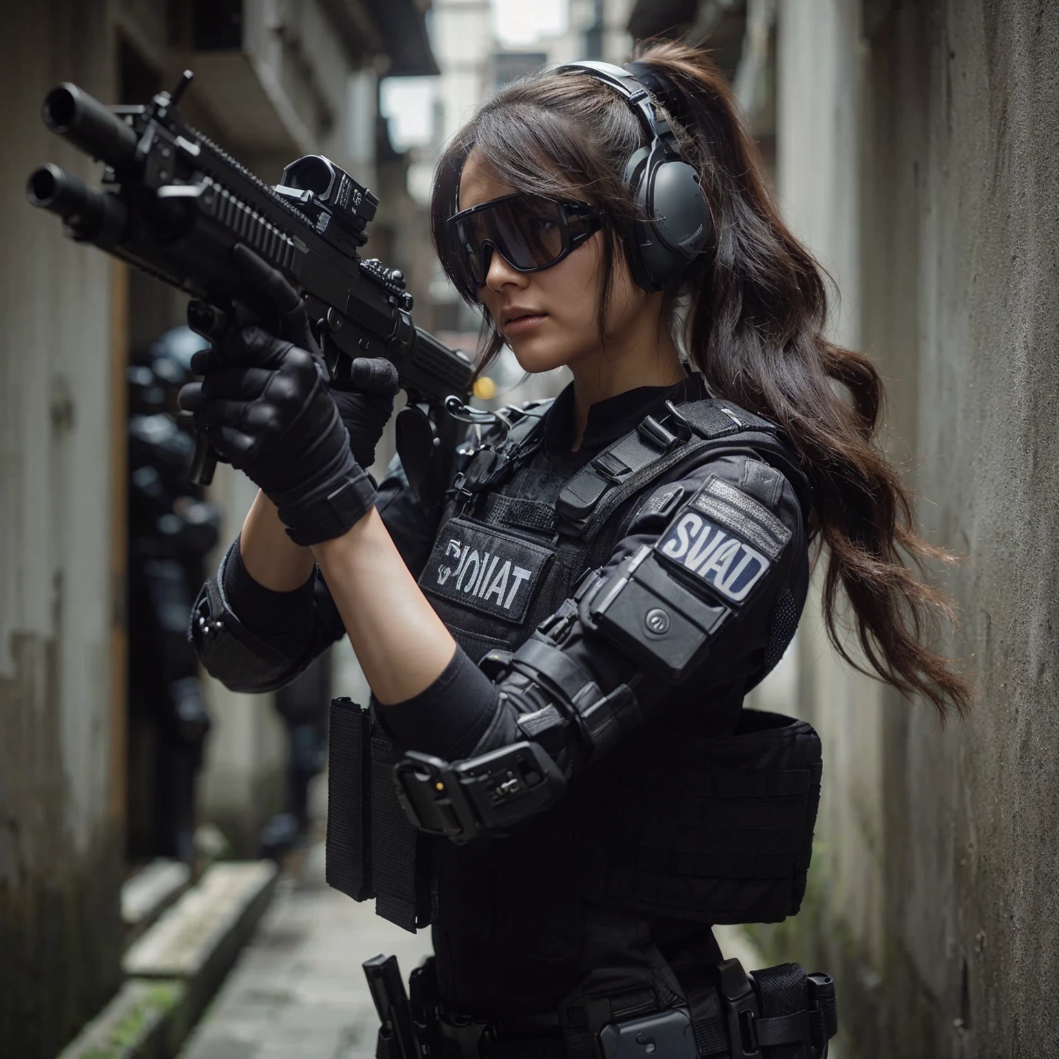 film photo, 70mm, ISO100, f/2.8, 1/320s, Taiwanese female police in SWAT uniforms with fighting skills, wearing advanced tactical armor and high-tech future toy rifles, tactical communication headsets and goggles, ponytail hairstyle, in a narrow space In the alleyway, the dynamic gesture flow effect, only to see the majestic scale of her face, dramatic eyes, ultra-fine skin, an absolute masterpiece, suitable for 64k resolution. It meets the highest standards of authenticity, ensuring every element looks like a high-resolution photo.