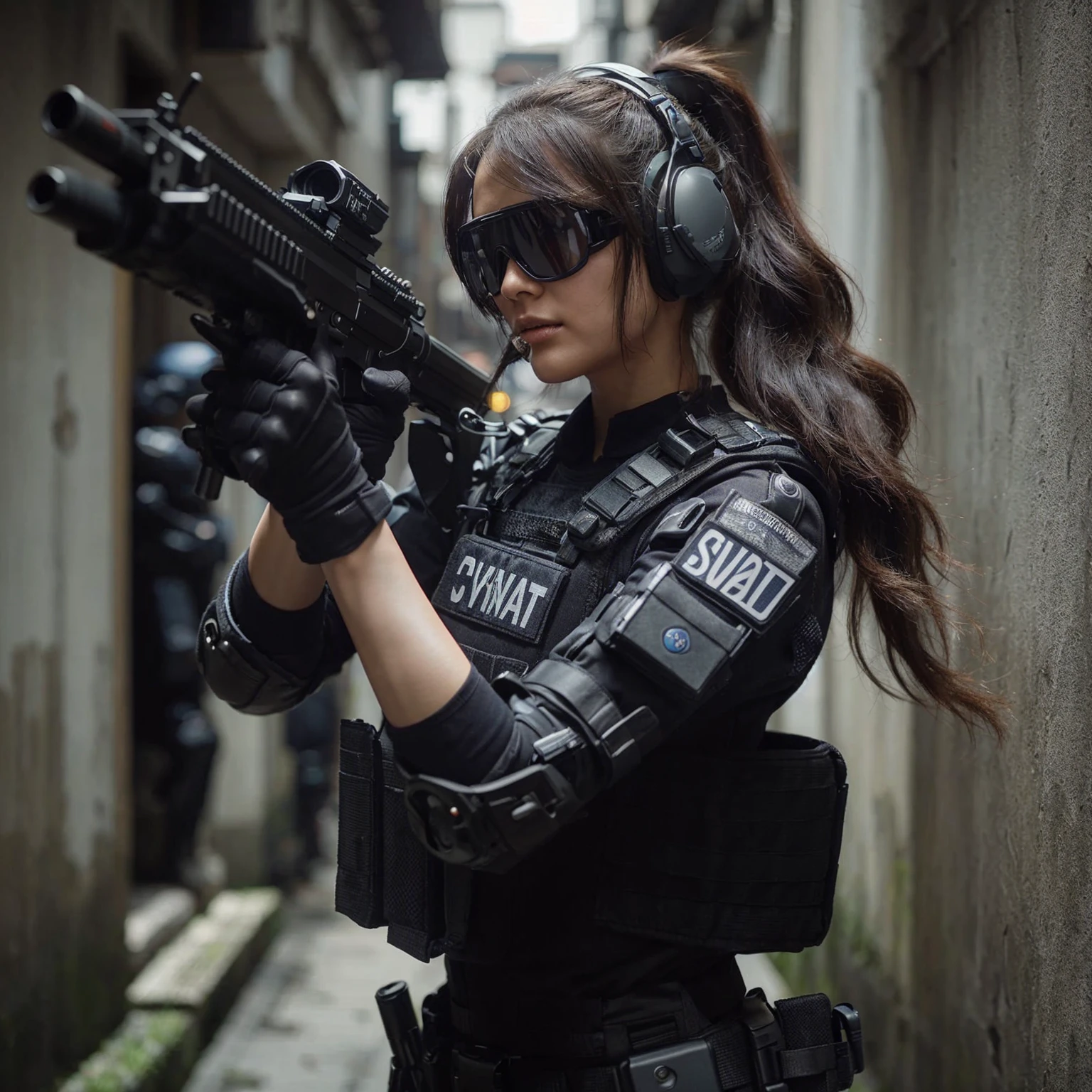 film photo, 70mm, ISO100, f/2.8, 1/320s, Taiwanese female police in SWAT uniforms with fighting skills, wearing advanced tactical armor and high-tech future toy rifles, tactical communication headsets and goggles, ponytail hairstyle, in a narrow space In the alleyway, the dynamic gesture flow effect, only to see the majestic scale of her face, dramatic eyes, ultra-fine skin, an absolute masterpiece, suitable for 64k resolution. It meets the highest standards of authenticity, ensuring every element looks like a high-resolution photo.