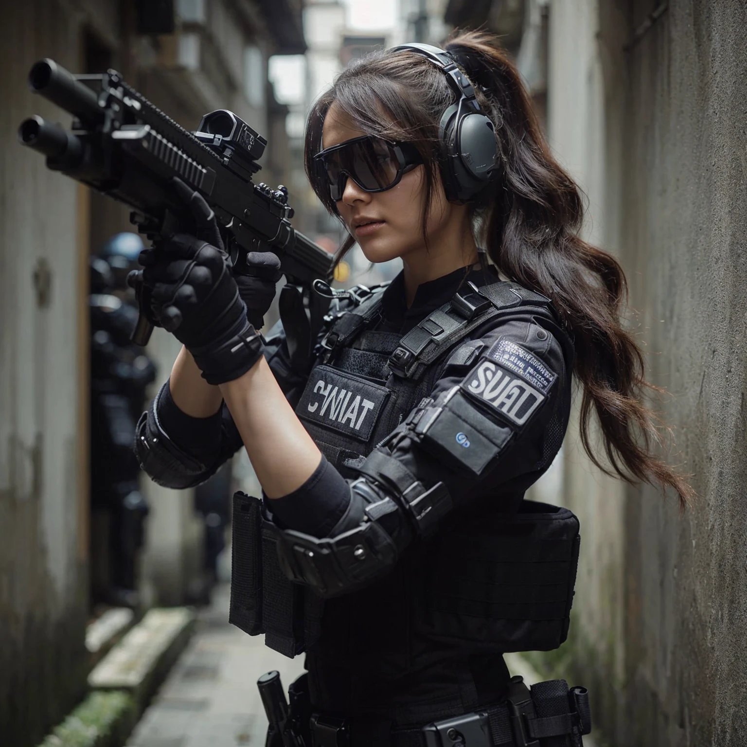 film photo, 70mm, ISO100, f/2.8, 1/320s, Taiwanese female police in SWAT uniforms with fighting skills, wearing advanced tactical armor and high-tech future toy rifles, tactical communication headsets and goggles, ponytail hairstyle, in a narrow space In the alleyway, the dynamic gesture flow effect, only to see the majestic scale of her face, dramatic eyes, ultra-fine skin, an absolute masterpiece, suitable for 64k resolution. It meets the highest standards of authenticity, ensuring every element looks like a high-resolution photo.