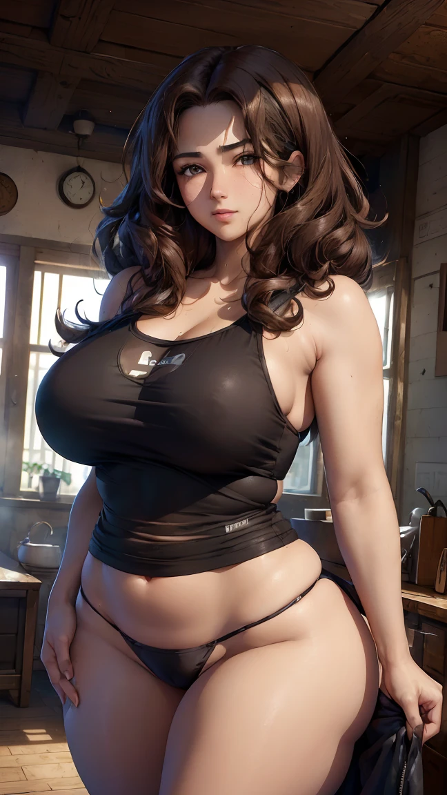 1female, 24 years old, she has shoulder-length curly hair, hair curly, (shoulder-length hair: 1.5), (dark brown hair: 1.35), (messy hair), (asian eyes), brown eyebrows, (brown eyes: 1.35), (big breasts: 1.5), perfectly rounded breasts, (thick thighs: 1.35), (wide hips: 1.35), (wide pelvis: 1.35), big chest, curvaceous, well shaped body, (brunette skin: 1.35), body moles, (((wearing sport clothing, black thong and a black baggy t-shirt))), (((plain t-shirt))), (loose t-shirt: 1.35), (bedroom, bed, messed bedroom, warm light background), (detailed background), 8k quality, wallpaper, high quality, Cinmatic lightning, gentle face, expressive face, (detailed face), happy, (grinning), (half-closed eyes)the face is well lit, (detailed eyes), beautiful eyes, centered,scale to fit dimensions,Rule of thirds), highres,sharp focus, (ultra detailed,extremely detailed),(photorealistic artwork:1.37),(extremely detailed CG unity 8k wallpaper), (((vibrant colors,vibrant theme))), standing on your feet, (back side view),emphasize on her ass,  (huge ass 1.35), (thick buttocks: 1.35), phat ass, pawg, (enhance anatomy)