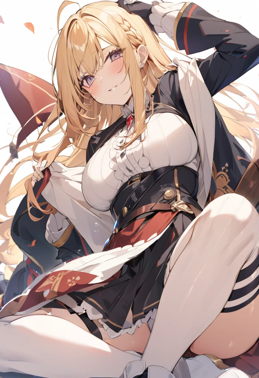 (One girl),(sidelock),(Blonde),Princess Connect,(huge breasts),(plump)+,(beautiful girl)+,[Big thighs],(slant eyes),pink eye,(Futanari),(boyish),(Satanic Priest),leotard,(thigh-high socks thighhighs),(long gloves),say,(Erotic squatting),see-through,(White Background:1.5),(medium length hair)