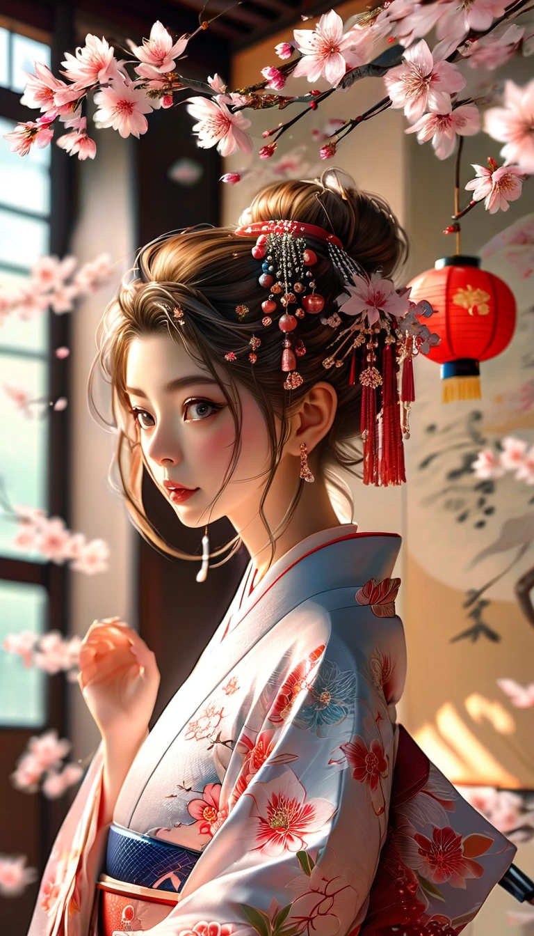 A masterpiece of a high school girl in a provocative kimono.: A masterpiece in 16K UHD resolution takes place in a Japanese-style room decorated with cherry blossoms and lanterns.。An attractive young woman with brown hair falling down her back、She wears a flowing kimono that accentuates her curves..。His blue eyes shine with admiration as he smiles with his mouth open...、Its detailed features give off a blushing charm.。Photorealistic images are、From the seams of your kimono to every strand of hair、Capture every detail as the light flows softly behind her..。Her long fingers are adorned with intricate nails.