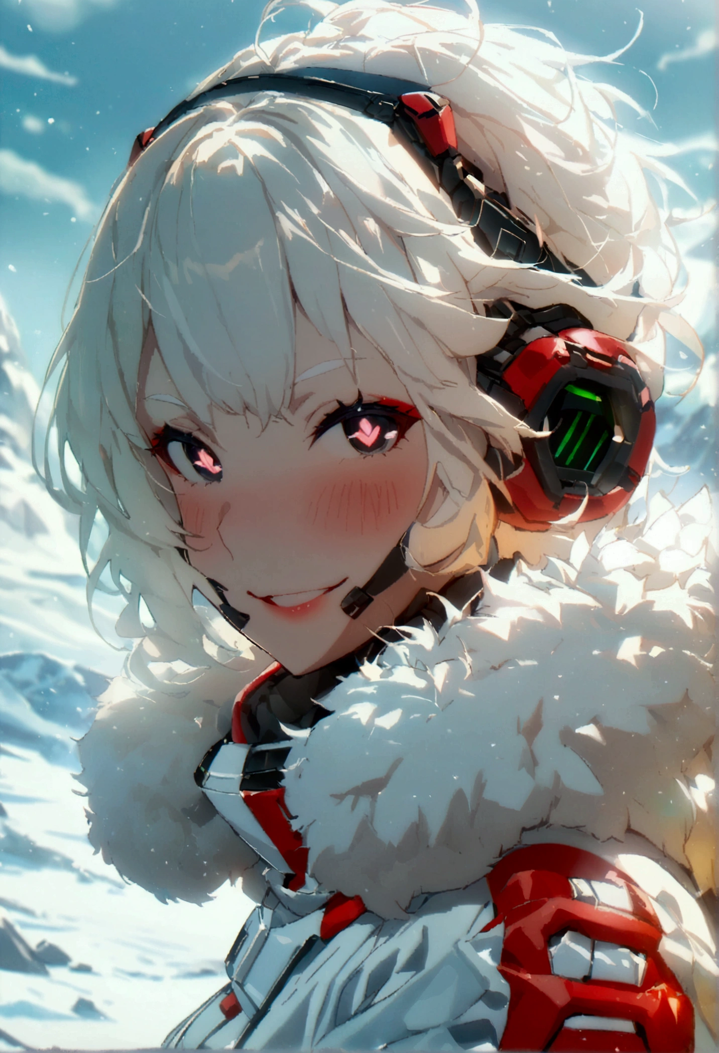 Masterpiece, High quality, High quality of art, anime lineart, 1girl,white hair, black eyes, white eyebrow, red eyeshadow, Tall, black cyber clothers, light gray cyber pants, big hips, big chest, very blush, white hearts in eyes, in future base, looking at viewer, smile, white skin, white hearts in eyes, in white fur Coat, in Antarctica base