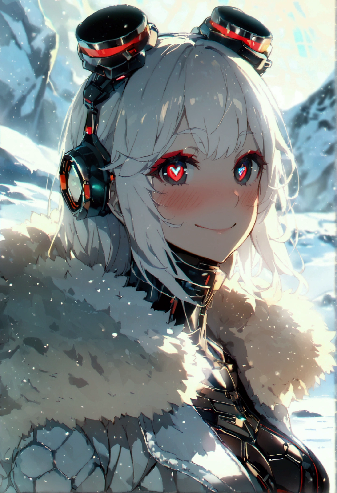 Masterpiece, High quality, High quality of art, anime lineart, 1girl,white hair, black eyes, white eyebrow, red eyeshadow, Tall, black cyber clothers, light gray cyber pants, big hips, big chest, very blush, white hearts in eyes, in future base, looking at viewer, smile, white skin, white hearts in eyes, in white fur Coat, in Antarctica base