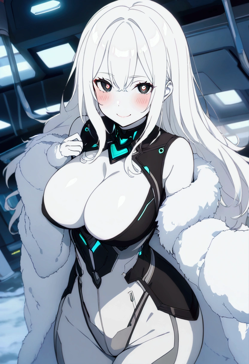 Masterpiece, High quality, High quality of art, anime lineart, 1girl,white hair, black eyes, white eyebrow, red eyeshadow, Tall, black cyber clothers, light gray cyber pants, big hips, big chest, very blush, white hearts in eyes, in future base, looking at viewer, smile, white skin, white hearts in eyes, in white fur Coat, in Antarctica base