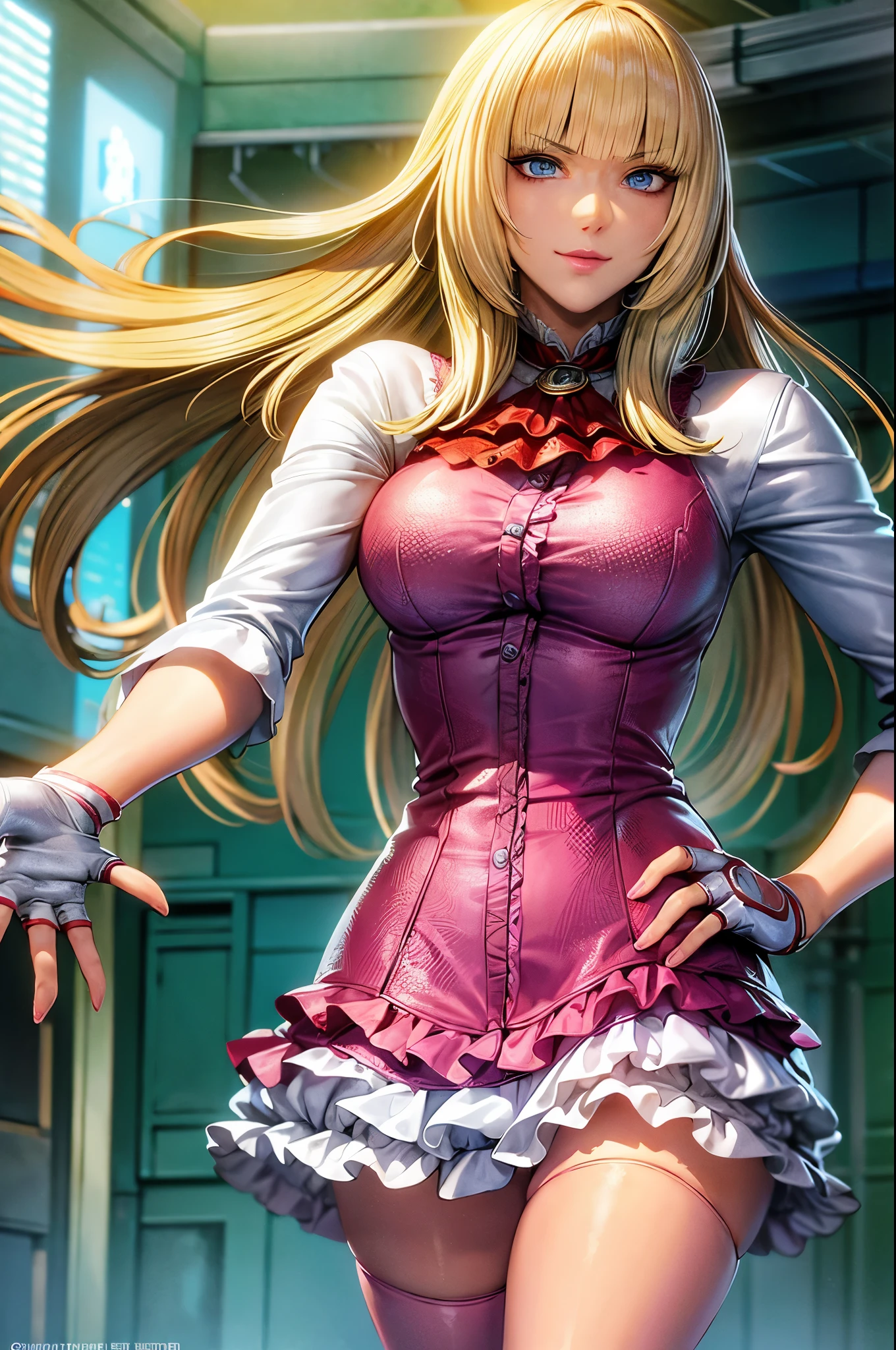 perfect eyes:1.2, detailed eyes:1.4, Emilie T8, blunt bangs, blue eyes, hands on hip, long hair, blonde hair, pink thighhighs, pink frilled dress, frilled ascot, fingerless gloves, smile, red eyeshadow:1.2, makeup:1.2, cowboy shot, 1girl, solo, (masterpiece:1.6, best quality), 8k, insane details, intricate details, hyperdetailed, hyper quality, high detail, ultra detailed, professional, HDR, ray tracing reflection, cinematic lighting,
