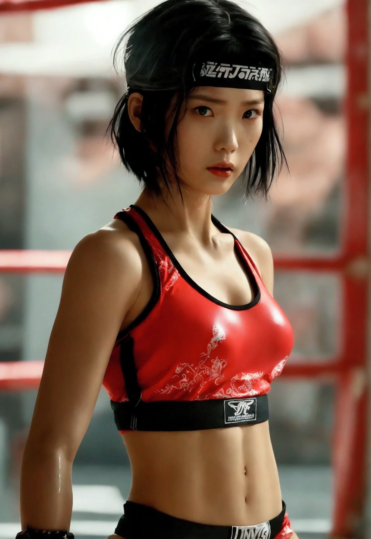 (masterpiece), best quality, expressive eyes, perfect face, Thailand MMA girl, killer, tanned, (masterpiece), best quality, expressive eyes, perfect face, 1girl, beautiful face, Beauty of beauty, (shinny skin, bob cut with movement), black eyes, eyebrows, Looking at Viewer, red polyester bodysuit, yandere look, bloodthirsty expression, standing in frustration, Black hair, (large swaying chest, A slender,), full body, bandage wrapped legwear, muscles, collarbone, slim waist, slim athletic build, Studio Lighting, Muaythai headband, bandage MMA gloves, Sweating, underworld fighting room, Thai face, knee pads, MuayThai, perfect anatomy, bandaged foot, feet, MMA shorts, solo, cum inside, sperm inside, wet shorts, kicks, Her Name, Thai language