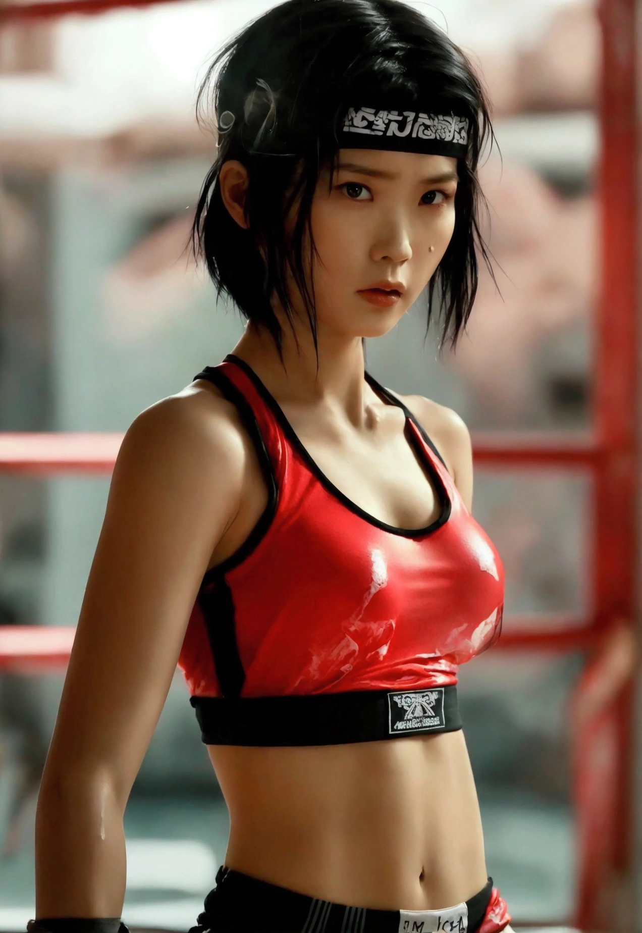 (masterpiece), best quality, expressive eyes, perfect face, Thailand MMA girl, killer, tanned, (masterpiece), best quality, expressive eyes, perfect face, 1girl, beautiful face, Beauty of beauty, (shinny skin, bob cut with movement), black eyes, eyebrows, Looking at Viewer, red polyester bodysuit, yandere look, bloodthirsty expression, standing in frustration, Black hair, (large swaying chest, A slender,), full body, bandage wrapped legwear, muscles, collarbone, slim waist, slim athletic build, Studio Lighting, Muaythai headband, bandage MMA gloves, Sweating, underworld fighting room, Thai face, knee pads, MuayThai, perfect anatomy, bandaged foot, feet, MMA shorts, solo, cum inside, sperm inside, wet shorts, kicks, Her Name, Thai language