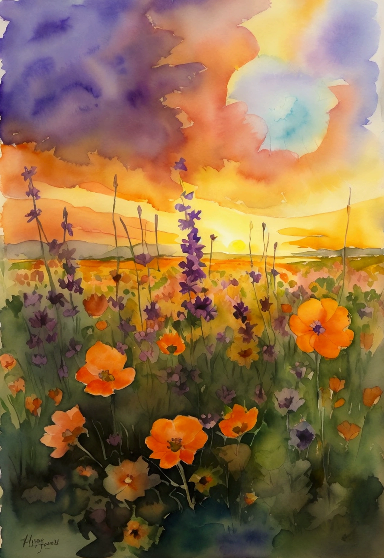 watercolor, Flower Field, purple flower, yellow Flower Field,, orange flower, bangs, plant, green , leaf, Traditional Media,Sunset sky,Sunset