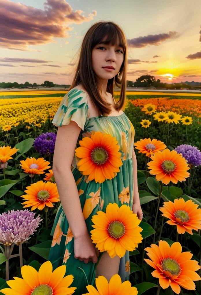 watercolor, Flower Field, purple flower, yellow Flower Field,, orange flower, bangs, plant, green , leaf, Traditional Media,Sunset sky,Sunset