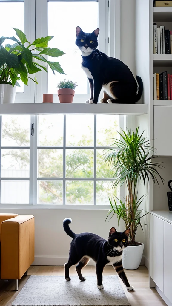 "Create a realistic full-body portrait of a cute small cat standing or sitting in a modern house interior. The cat should have a sleek and glossy coat, bright expressive eyes, and a playful or relaxed posture. The background should feature elements of a modern home, such as minimalist furniture, large windows with natural light, indoor plants, and contemporary decor. The overall atmosphere should be cozy and inviting."