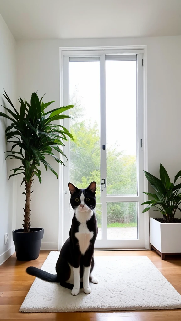 "Create a realistic full-body portrait of a cute small cat standing or sitting in a modern house interior. The cat should have a sleek and glossy coat, bright expressive eyes, and a playful or relaxed posture. The background should feature elements of a modern home, such as minimalist furniture, large windows with natural light, indoor plants, and contemporary decor. The overall atmosphere should be cozy and inviting."