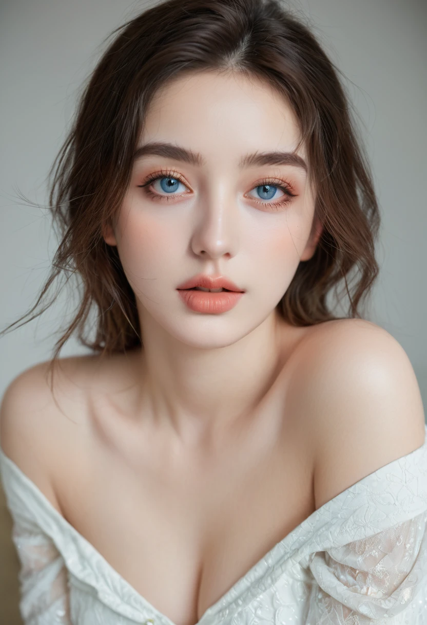best quality, masterpiece, Ultra-high resolution, (Reality: 1.4), RAW photos, 1 Girl, Off-shoulder, light, Kissing Positions, Heterochromia