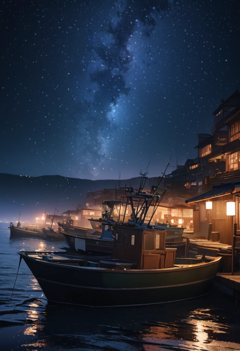 (((masterpiece))), Starry sky photography, Small fishing boat on the sea ,1 pcs, Dark Japanese fishing port at night, No light, Serene atmosphere, Calm sea, detailed, highly detailed, (8K)