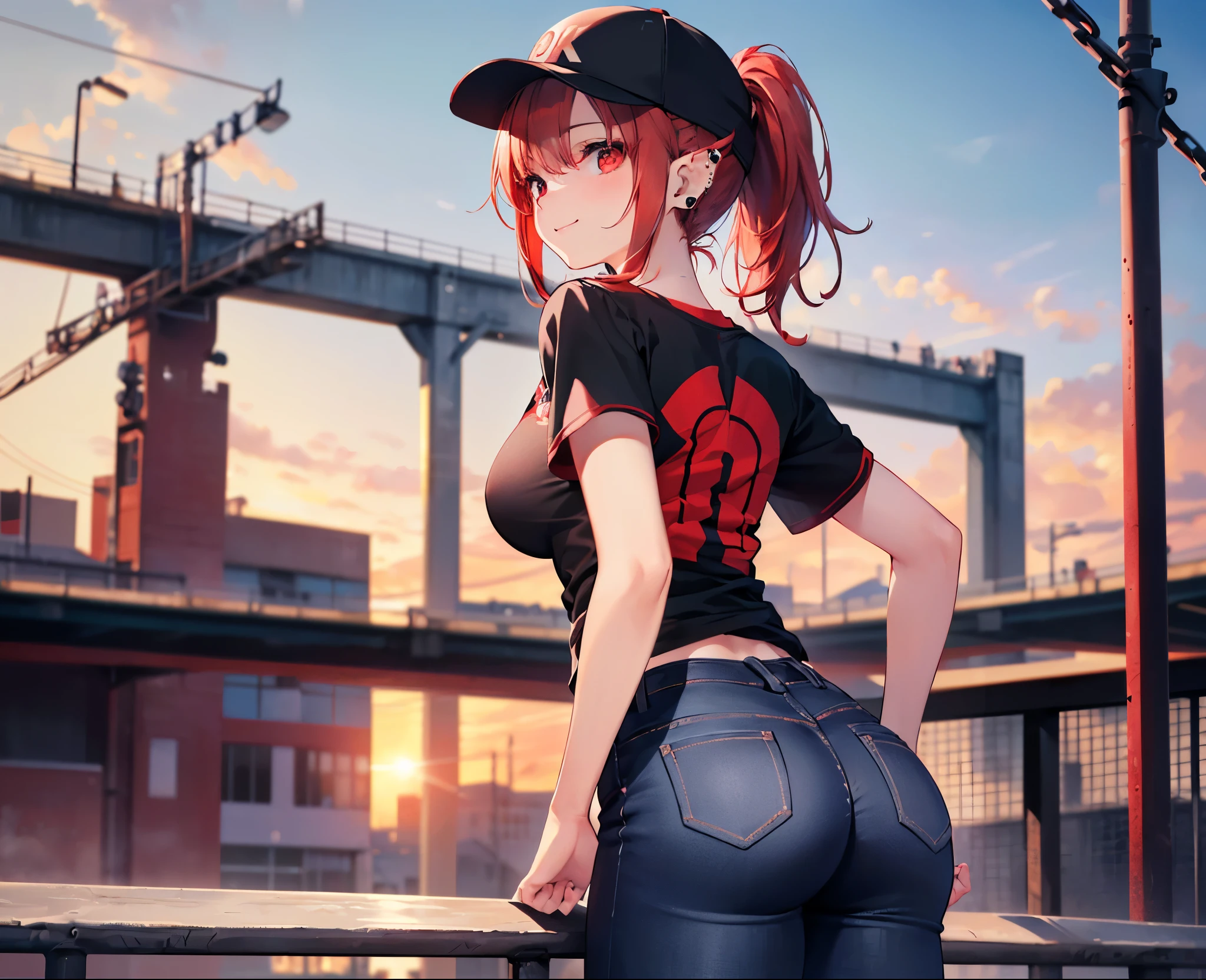 (Close-up:1.3),Realistic,Highest quality, Ultra Detail, High-quality CG rendering, The most delicate and beautiful, Floating softly, High resolution, (1 girl), (Highest quality,4K,8K,masterpiece:1.2),(All red hair:1.5), (ponytail:1.5),(Red eyes:1.5),(Slightly larger breasts:1.2), (Black short sleeve T-shirt:1.3),(Black skinny jeans:1.3),(Black baseball cap:1.3),In the city,old buildings,(Turn your back to your audience:1.3),Butt,Are standing,smile,(Piercing in left ear:1.3)