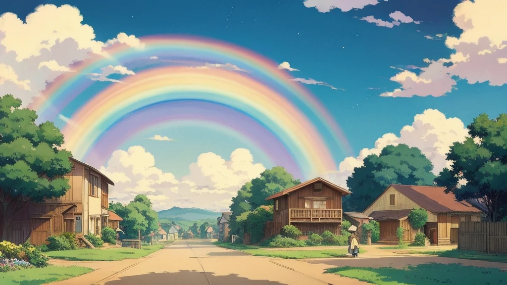 A rainbow in the sky after the rain２A rural townscape with books、Studio Ghibli、Studio Ghibli風anime、Ghibli art style、Double Rainbow、anime、Ghibli Style
