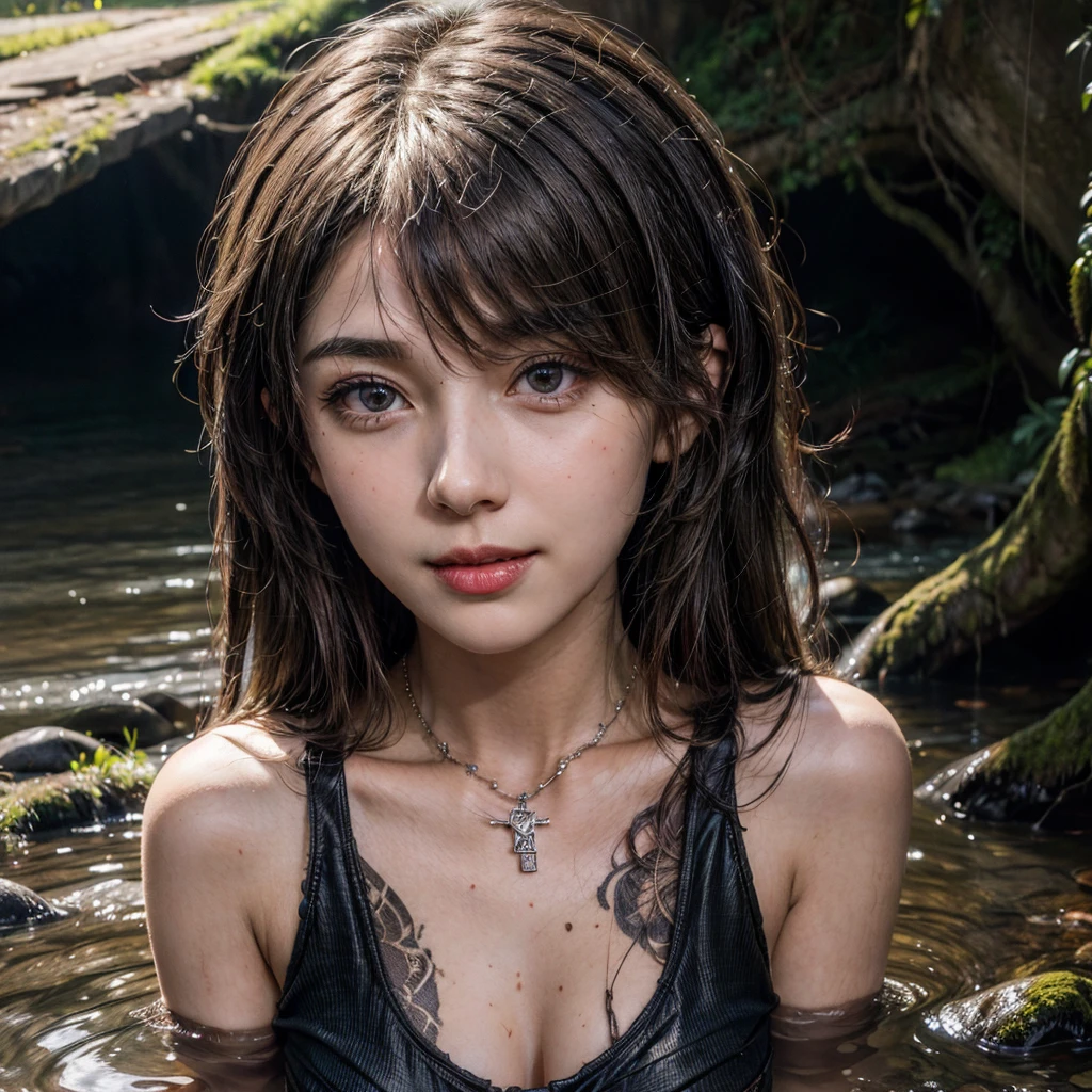 (msterpiece:1.3), (8k, RAW photo, best quality: 1.4), beautiful face, beautiful hairstyle, beautiful detailed eyes, beautiful skin, ultra high res, highly detailed,NSFW, 3 girls in abandoned underground sewer, big breast,facial close up,necklace,arms behind back,evil smile,knife,light long hair, ultra detailed skin,Heavy makeup, flower hairpin, naked,colorful patterned lace dress,half body,muddy water on ground,sitting on a big rock, dirty rock,