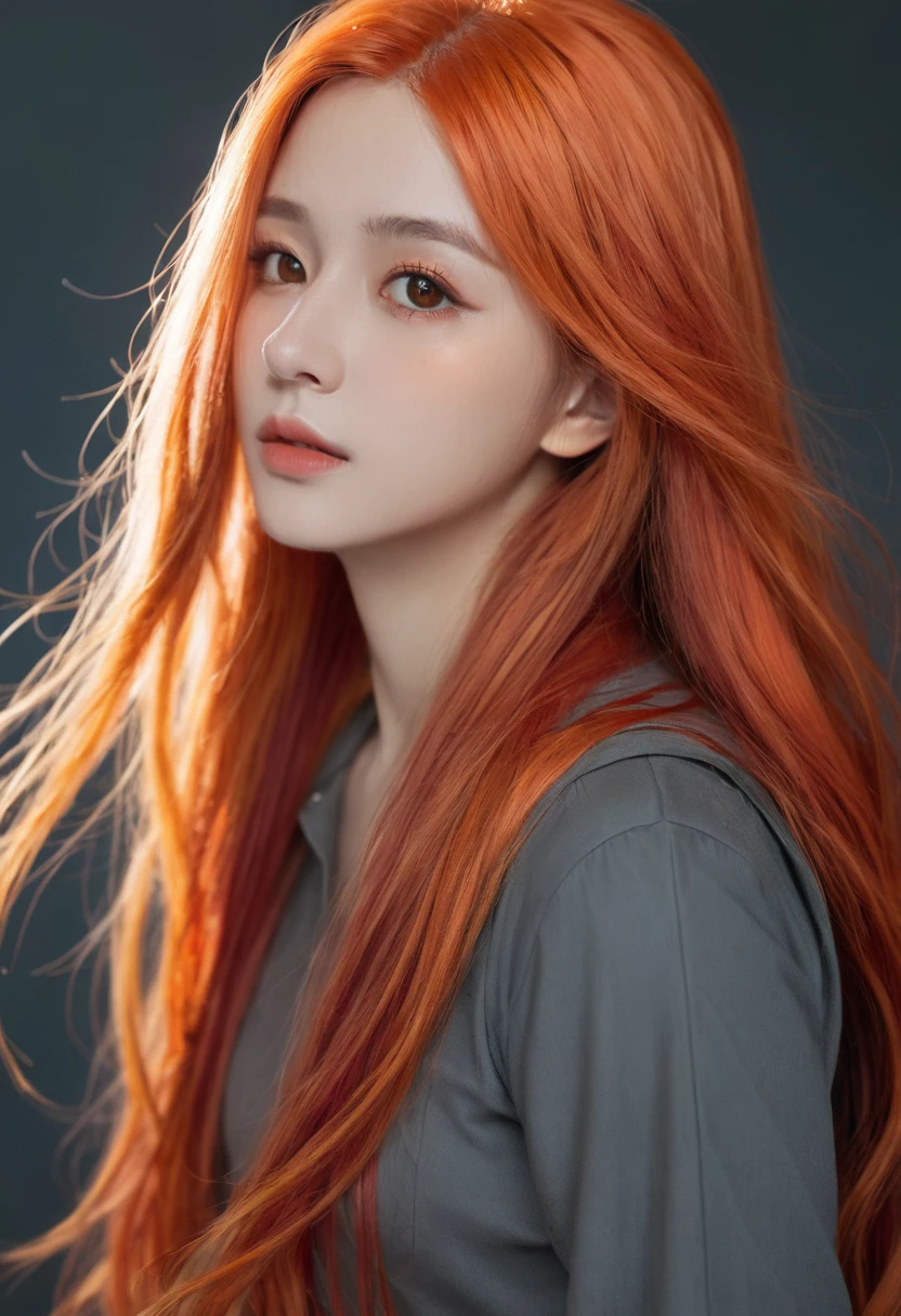 (masterpiece), best quality, Extremely detailed, illustration, Warm lighting, Vibrant colors, 1 Girl, Solitary, Very long hair, Gray hair, Orange Hair, Orange undercoat, Red Eyes, Colored undercoat, Two-tone hair, Ahog, Absurdly long hair, orange Colored undercoat, Colorful hair, Halo, , , Tights, Flowing hair, wind, Close one eye, staff, skirt, armor, hat, floating,, ,