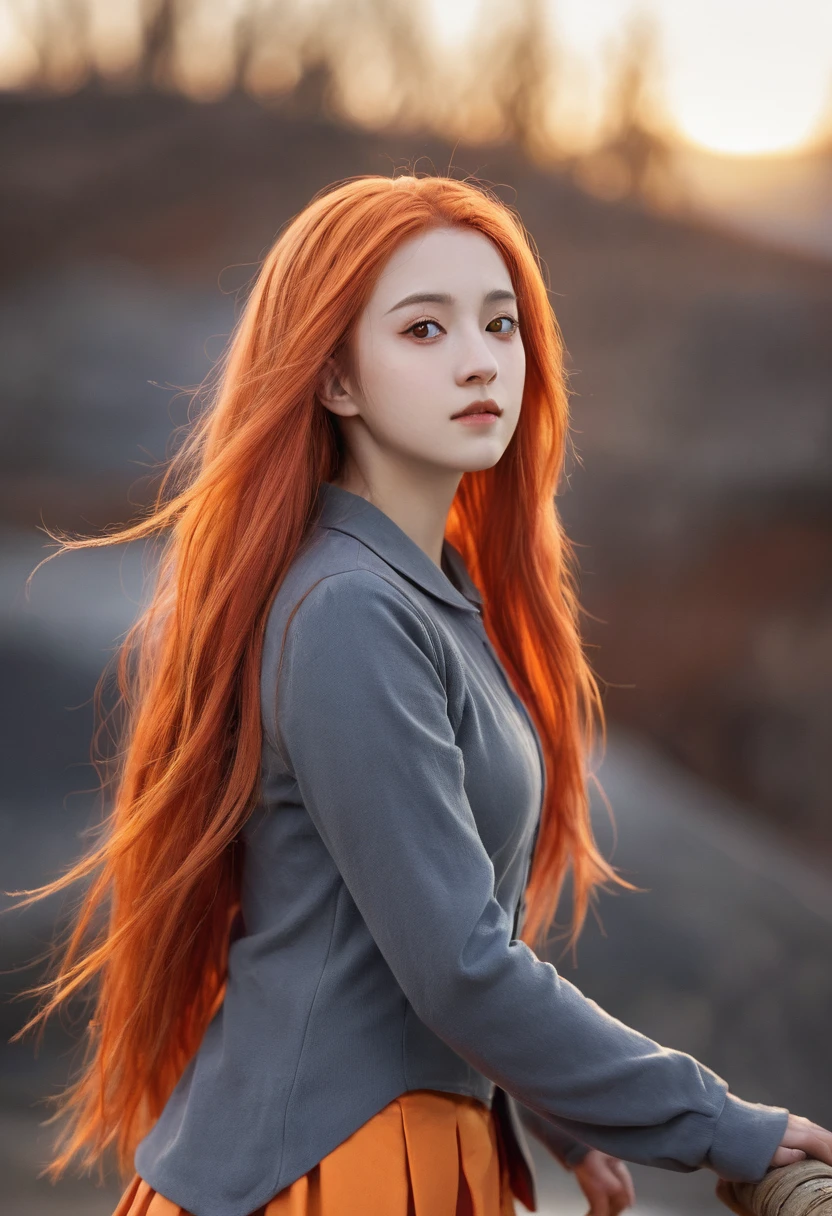 (masterpiece), best quality, Extremely detailed, illustration, Warm lighting, Vibrant colors, 1 Girl, Solitary, Very long hair, Gray hair, Orange Hair, Orange undercoat, Red Eyes, Colored undercoat, Two-tone hair, Ahog, Absurdly long hair, orange Colored undercoat, Colorful hair, Halo, , , Tights, Flowing hair, wind, Close one eye, staff, skirt, armor, hat, floating,, ,