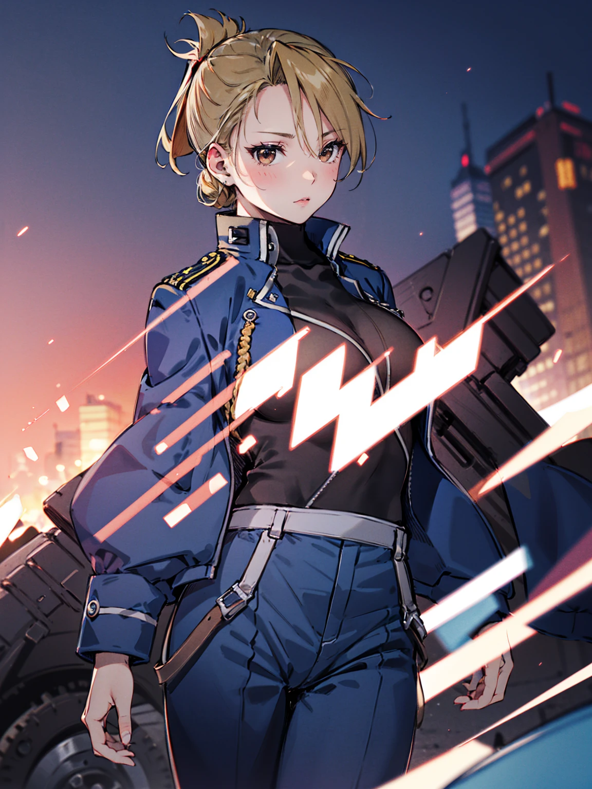masterpiece, Highest quality, High resolution, Riza Hawkeye, One girl, (Blue jacketの下にBlack innerwearを着ている), Folded ponytail, Brown eyes, , (uniform, Blue jacket, Blue pants), ,Big Breasts, Black innerwear
