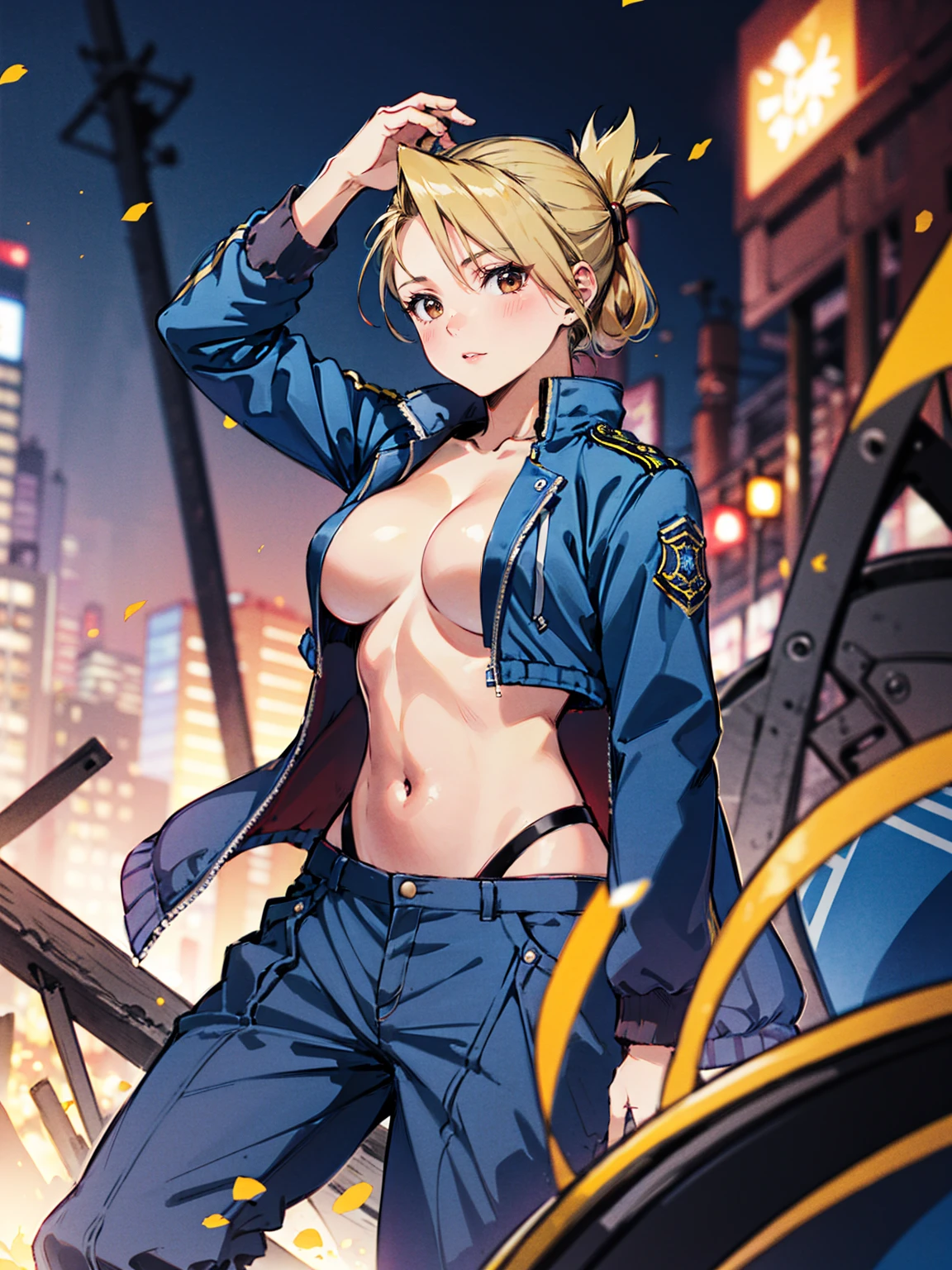 masterpiece, Highest quality, High resolution, Riza Hawkeye, One girl, (Blue jacketの下にBlack innerwearを着ている), Folded ponytail, Brown eyes, , (uniform, Blue jacket, Blue pants), ,Big Breasts, Black innerwear
