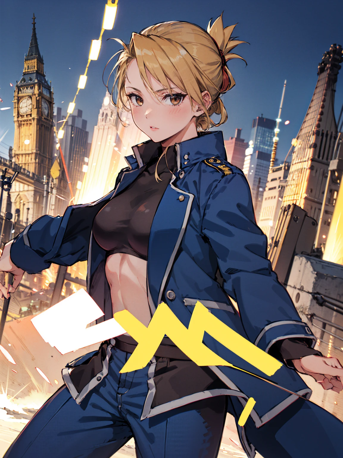 masterpiece, Highest quality, High resolution, Riza Hawkeye, One girl, (Blue jacketの下にBlack innerwearを着ている), Folded ponytail, Brown eyes, , (uniform, Blue jacket, Blue pants), ,Big Breasts, Black innerwear