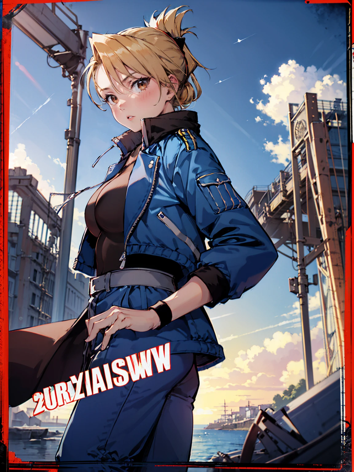 masterpiece, Highest quality, High resolution, Riza Hawkeye, One girl, (Blue jacketの下にBlack innerwearを着ている), Folded ponytail, Brown eyes, , (uniform, Blue jacket, Blue pants), ,Big Breasts, Black innerwear
