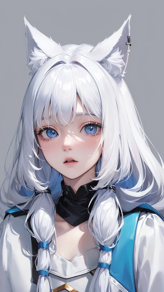(Top resolution、Distinct_image)top-quality、A girl have white fluffy dog ears、masterpiece、highly detailed、Semi-realistic、blue eyes 、18year old、young、cool clothing、Exquisite facial features、Facial features ,variation potrait, a white background, white hair , long messy hairstyles, students, teenage, cute, white fluffy Tails,