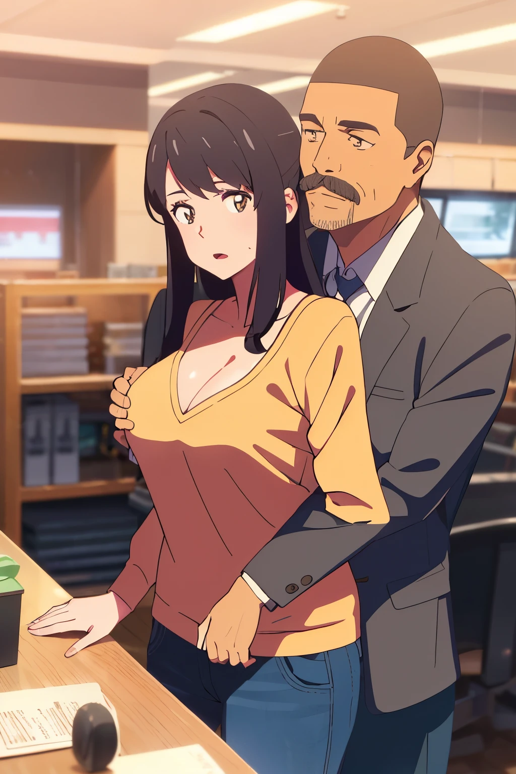 shinkai makoto, kimi no na wa., middle aged man, buzzcut, office suite, wrinkles, mustache, middle aged man touching girl breast,breastgrope from behind, passionate hug, middle aged man is hugging from behind, 1girl, bangs, black hair, brown eyes, open mouth, Twisted Half Up, red ribbon, long hair, long sleeve light yellow cardigan, open shirt, yellow shirt, cleavage, breast, medium breast, Orange shirt, orange jeans, night, indoors, mall, masterpiece, perfect anatomy, cowboyshot,