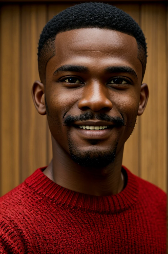 Cartoon of a black man, round face, military court, large eyes, small nose, small mouth, no mustaches, beautiful smile, red sweater