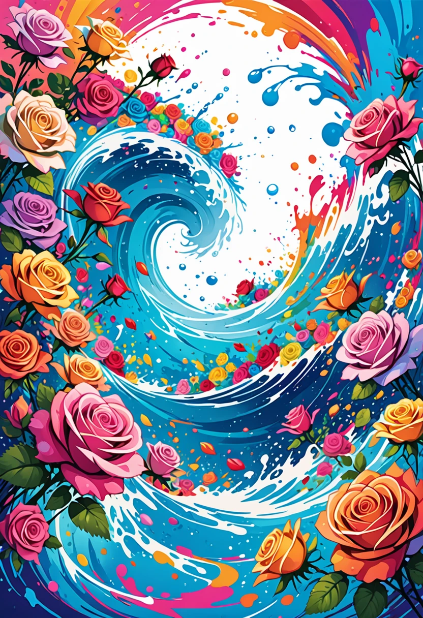vectorial art, Colorful illustration with many roses, At the center, swirly vibrant colors, paint splashes and smears, high détail, Underwater swimming background