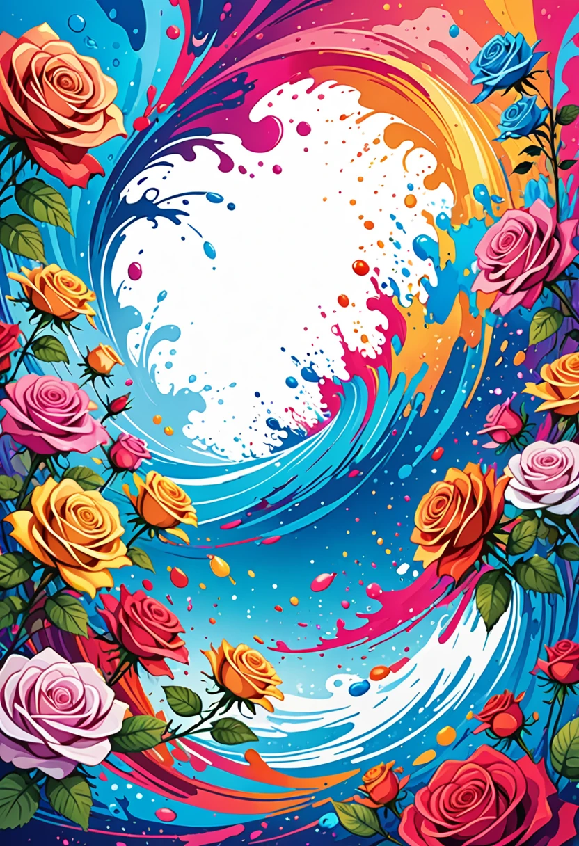 vectorial art, Colorful illustration with many roses, At the center, swirly vibrant colors, paint splashes and smears, high détail, Underwater swimming background
