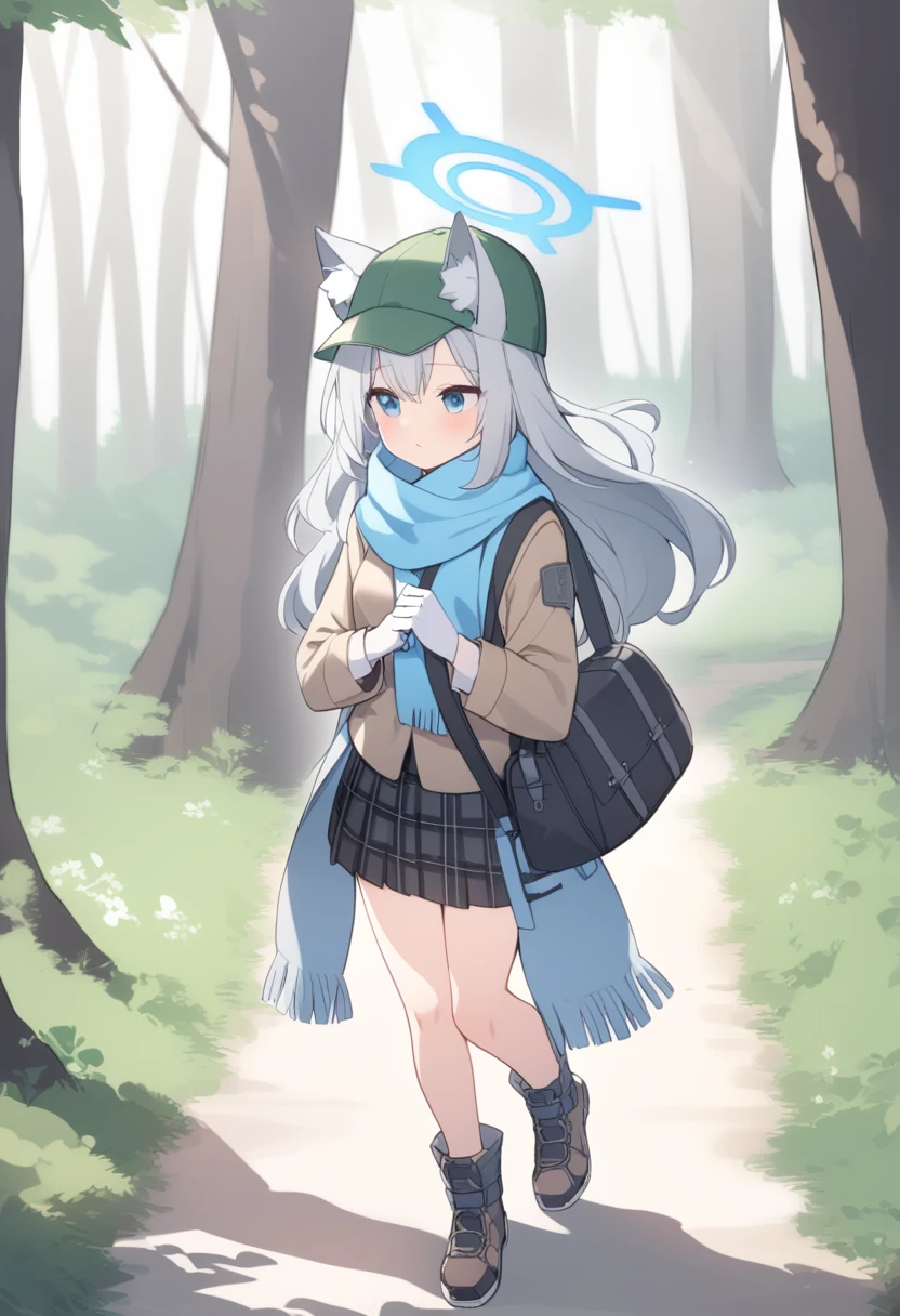 girl，Silver long hair, blue eyes, Wearing brown mountaineering clothes,A sky blue scarf, White gloves, And black plaid skirt, Forest walk，Looking for something, blue halo，green cap，Wear your hat，Gray wolf ears，Carrying a black shoulder bag