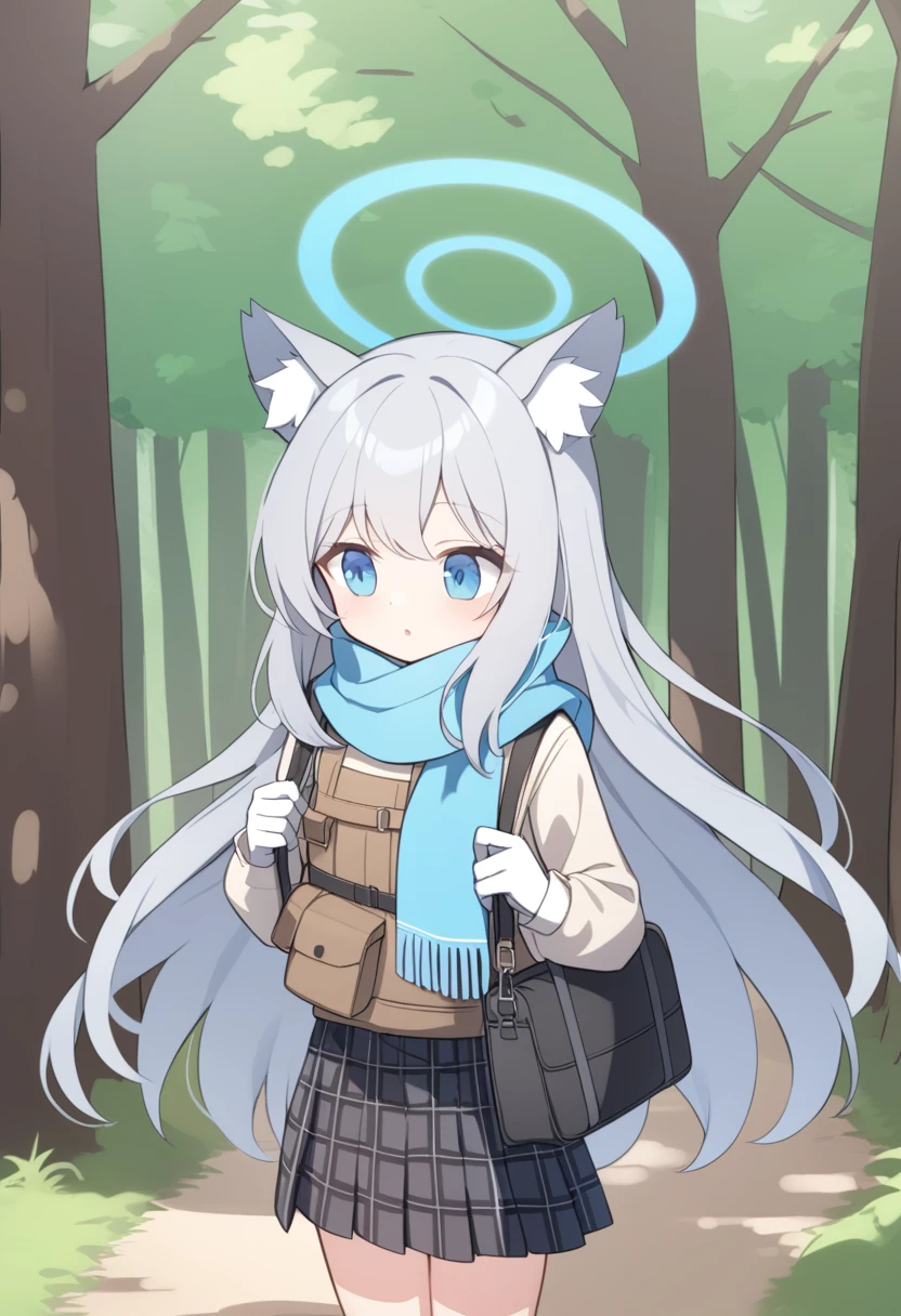 girl，Silver long hair, blue eyes, Wearing brown mountaineering clothes,A sky blue scarf, White gloves, And black plaid skirt, Forest walk，Looking for something, blue halo，green cap，Wear your hat，Gray wolf ears，Carrying a black shoulder bag