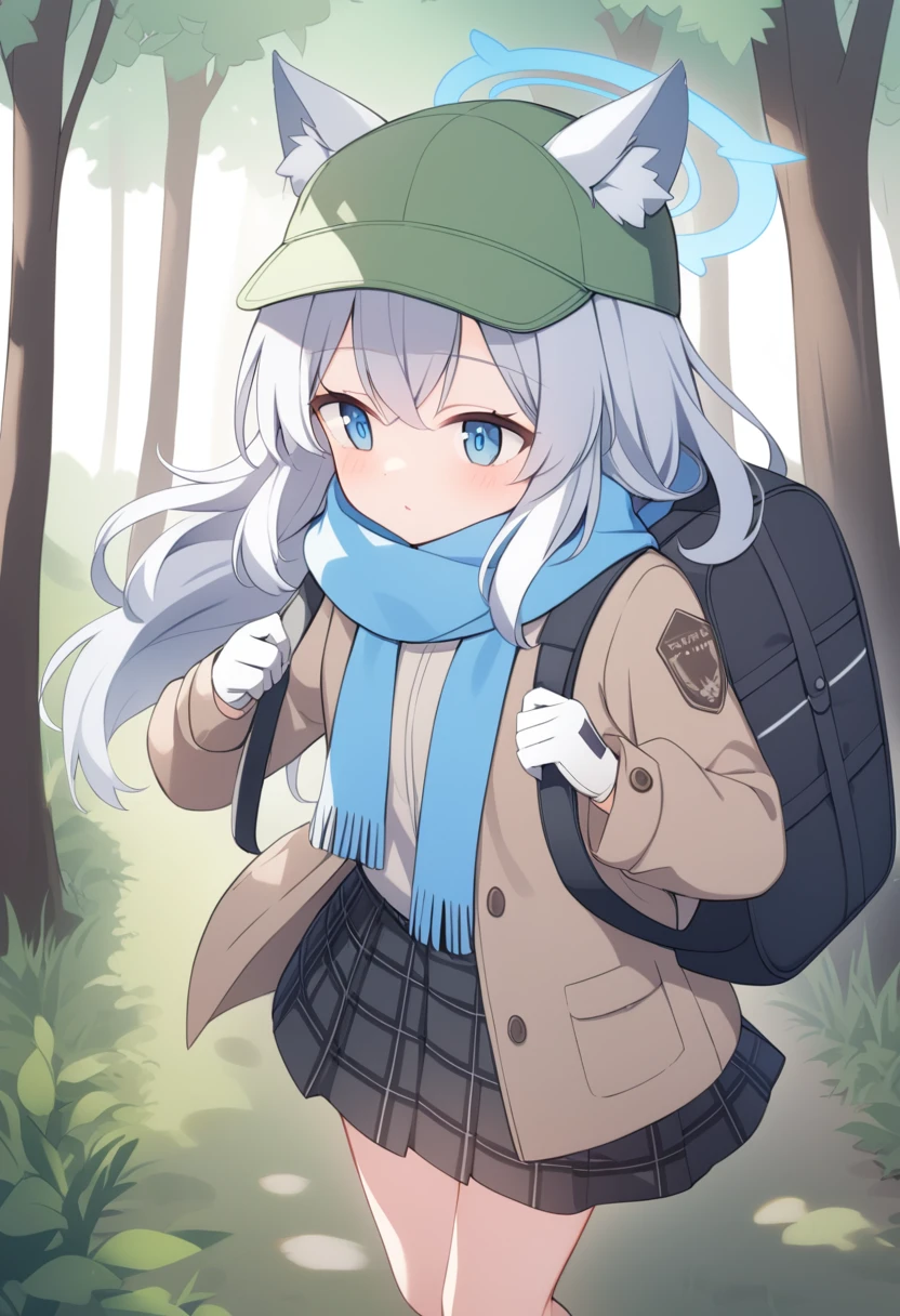 girl，Silver long hair, blue eyes, Wearing brown mountaineering clothes,A sky blue scarf, White gloves, And black plaid skirt, Forest walk，Looking for something, blue halo，green cap，Wear your hat，Gray wolf ears，Carrying a black shoulder bag