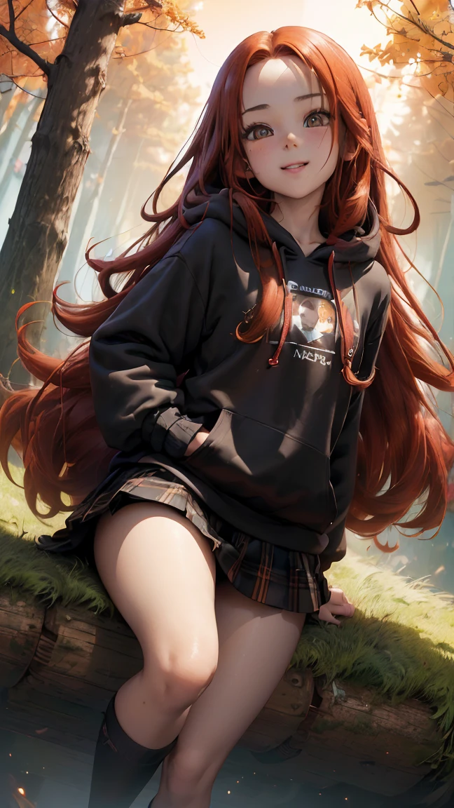 Young girl, (8 years old), (little body, small height), (petite girl: 1.35), (adorable face), (big forehead: 1.2), she has a long flowing hair, (red hair: 1.5), (long hair: 1.35), asian features, (brown eyes: 1.5), bright eyes, brown light eyes, (white skin: 1.35), beautiful detailed eyes, cute young girl, (flat chest: 1.35), (((wearing black skirt, a baggy black hoddie and Over-the-knee socks))), high quality clothes, high resolution, (detailed clothes), (loose hoddie: 1.35), (autumn forest, sunset, warm light background))), cute, daring girl, (detailed background), (full detailed 8k), (perfectly detailed face), (enhance anatomy), vfx, highres, sharp, focus, (photorealistic artwork: 1.35), (extremely detailed CG unity 8k wallpaper), (((vibrant colors, vibrant theme))), (dynamic pose: 1.5), cool vibes, fashion girl, happy, flirting expression, coquette, (playful attitude), smiling, happy, adorable small girl, joyful girl