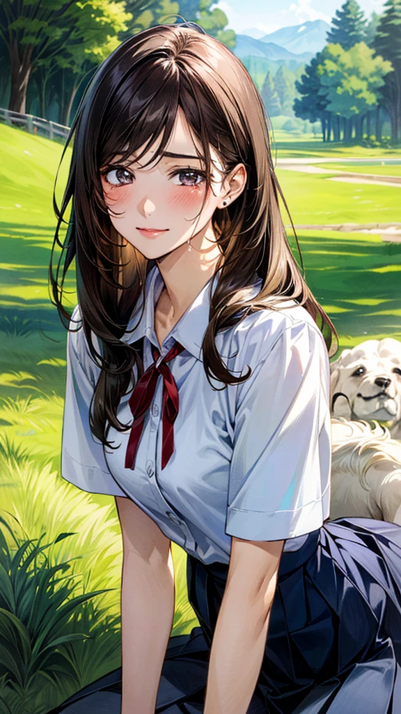 (masterpiece:1.2, top-quality, ultra high res, ultra detailed), (realistic, photorealistic:1.4), beautiful illustration, (natural side lighting, movie lighting), 
looking at viewer, (face focus, upper body), 1 girl, japanese, high school dirl, perfect face, (perfect ???????), cute and symmetrical face, baby face, shiny skin, slender
(long hair:1.5, straight hair:1.2, sark brown hair), parted bangs, grey eyes, long eye lasher, (medium breasts), 
beautiful hair, beautiful face, beautiful detailed eyes, beautiful clavicle, beautiful body, beautiful chest, beautiful thigh, beautiful legs, 
((detailed cloth texture, short sleeve white collared shirts, navy blue pleated mini skirt, red neck ribbon), , , 
(beautiful scenery), hands on chest, (lovely smile, upper eyes), 

A girl is on all fours in a grassy field. She is carrying a large dog on her back and mating in the rear position.
Her face is bright red and flushed, her brow is furrowed, and she looks like she is about to cry.

The skirt is very short.