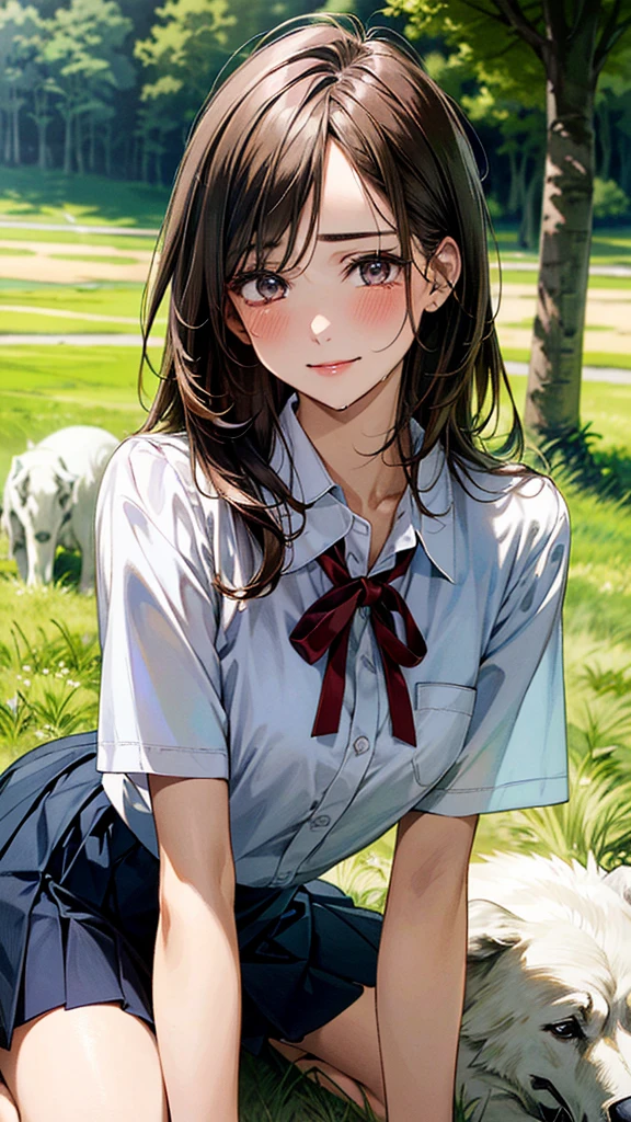 (masterpiece:1.2, top-quality, ultra high res, ultra detailed), (realistic, photorealistic:1.4), beautiful illustration, (natural side lighting, movie lighting),
looking at viewer, (face focus, upper body), 1 girl, japanese, high school dirl, perfect face, (perfect anatomy), cute and symmetrical face, baby face, shiny skin, slender
(long hair:1.5, straight hair:1.2, sark brown hair), parted bangs, grey eyes, long eye lasher, (medium breasts),
beautiful hair, beautiful face, beautiful detailed eyes, beautiful clavicle, beautiful body, beautiful chest, beautiful thigh, beautiful legs,
((detailed cloth texture, short sleeve white collared shirts, navy blue pleated mini skirt, red neck ribbon), , ,
(beautiful scenery), hands on chest, (lovely smile, upper eyes),
A girl is on all fours in a grassy field. She is carrying a large dog on her back and mating in the rear position.
Her face is bright red and flushed, her brow is furrowed, and she looks like she is about to cry.
The skirt is very short.
